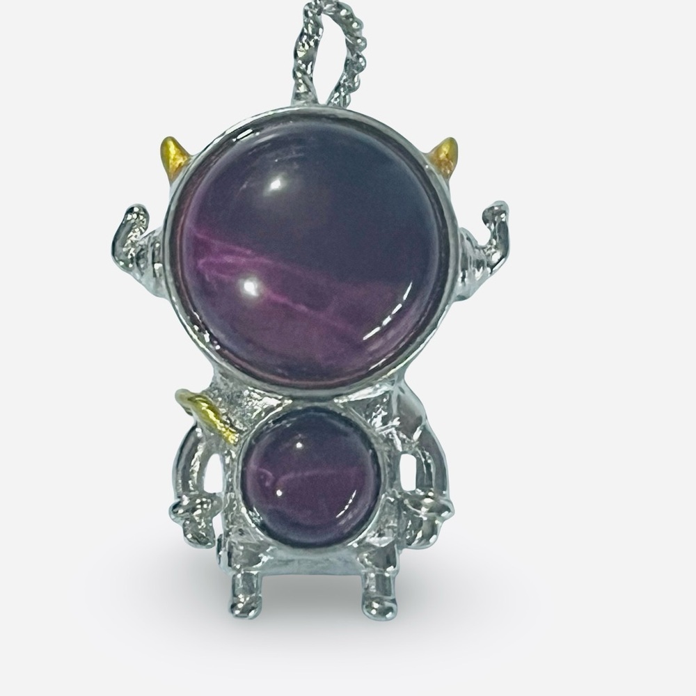 Fuchsia Tigers Eye Dualtone Spaceman Pendant with Stainless Steel Chain